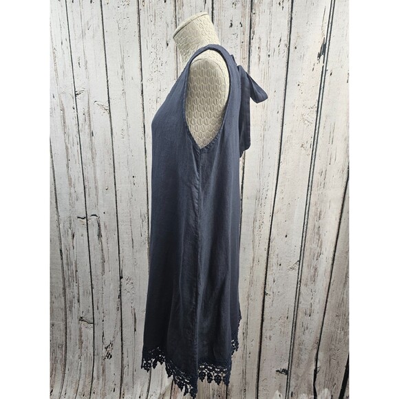ALK Women's XS Rosemarine Navy Blue Crochet Hem 100% Linen Tie Back Shift Dress - Picture 5 of 6